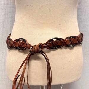 Express Braided Leather Belt Womens S Brown O-Ring Tie Tassel Boho Western